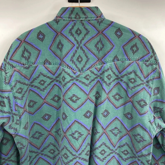 Larry Mahan Button Down Shirt Mens Size Large Green Blue Vintage Rodeo Geometric - Picture 8 of 11